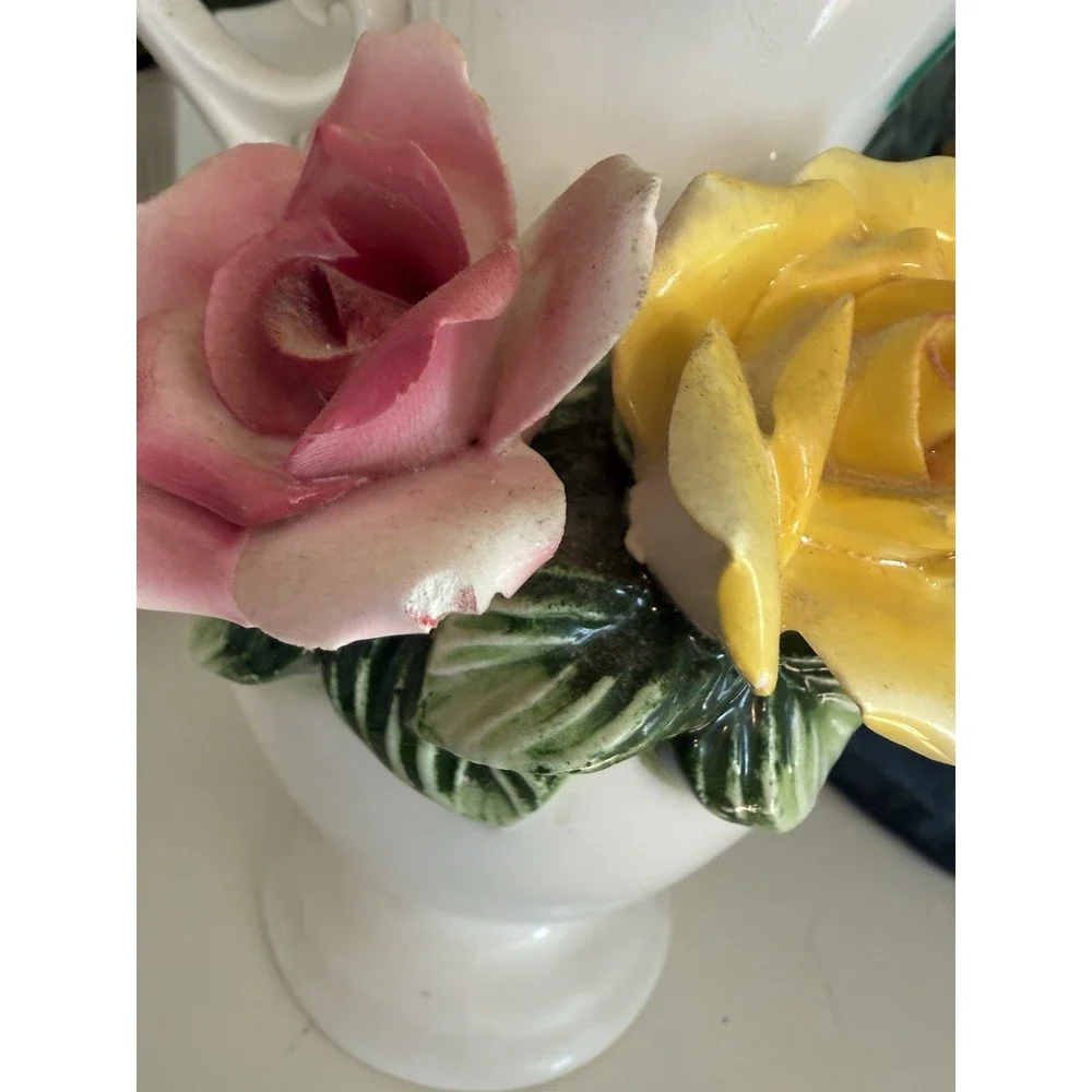 Vintage Wales Japan Ceramic Rose Pitcher Vase Pink Yellow Flowers Green Drip